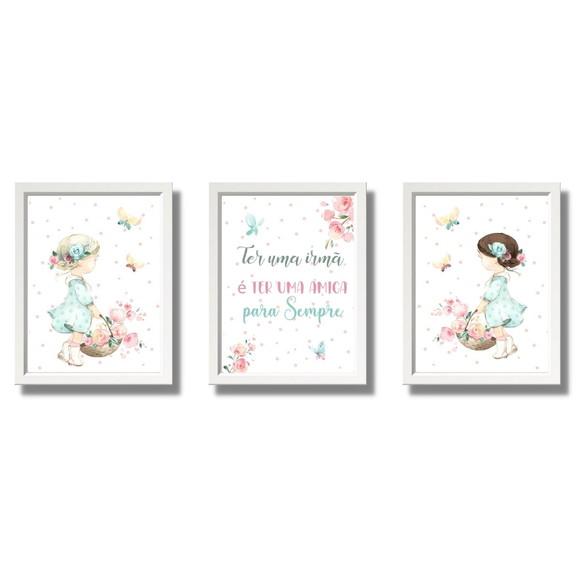 Quadro Infantil para Quarto de Irmãs Menina Aquarela 33x43cm