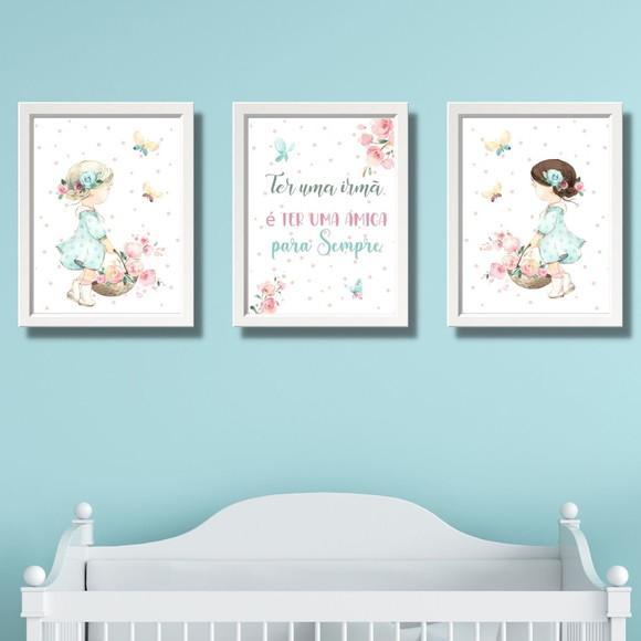 Quadro Infantil para Quarto de Irmãs Menina Aquarela 33x43cm