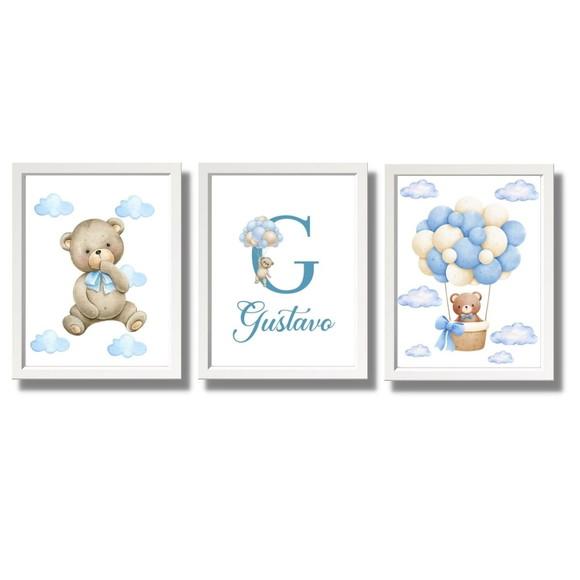 Quadro Infantil Personalizado com Nome Urso Balão Azul 33x43