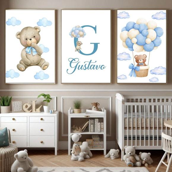 Quadro Infantil Personalizado com Nome Urso Balão Azul 33x43