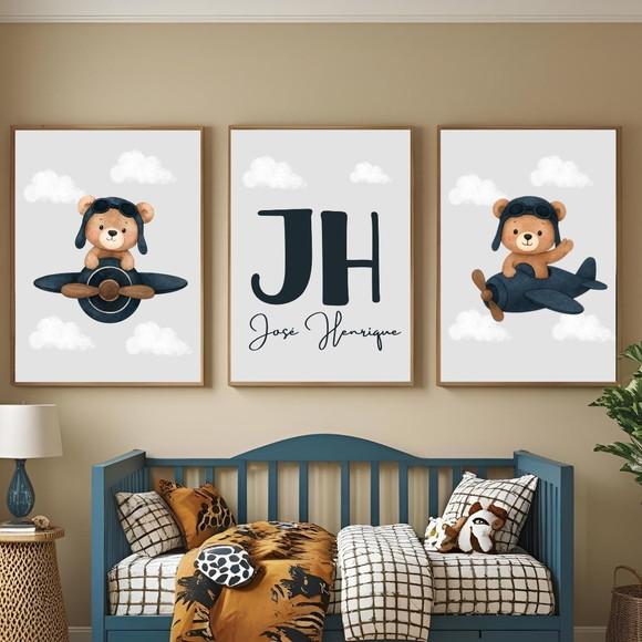 Quadro Infantil Personalizado Urso Aviador Moldura e Vidro