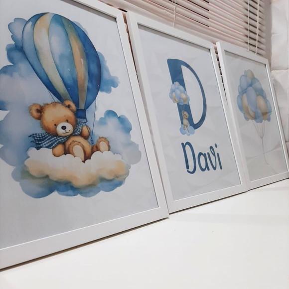 Quadro Infantil Personalizado Urso Azul Balão com Vidro
