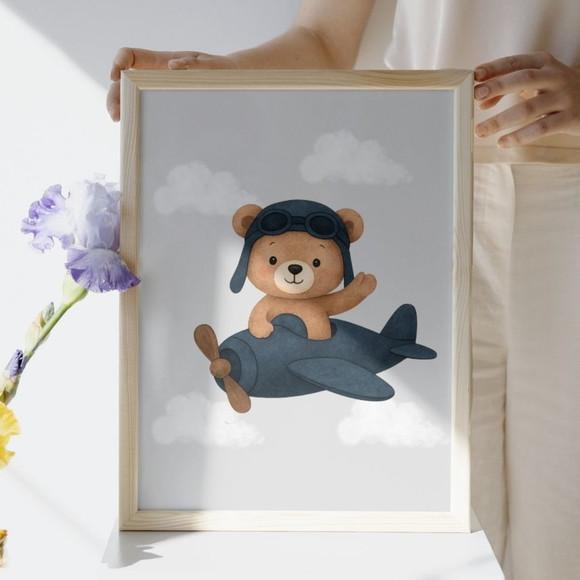 Quadro Infantil Personalizado Urso Aviador Moldura e Vidro
