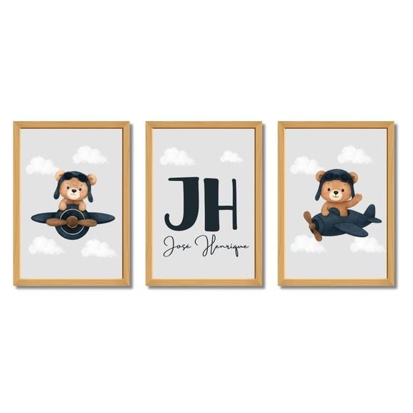 Quadro Infantil Personalizado Urso Aviador Moldura e Vidro