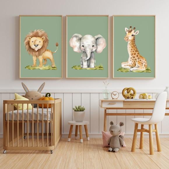 Quadro Infantil Safari Fundo Verde Quarto Menino 33x43 cm