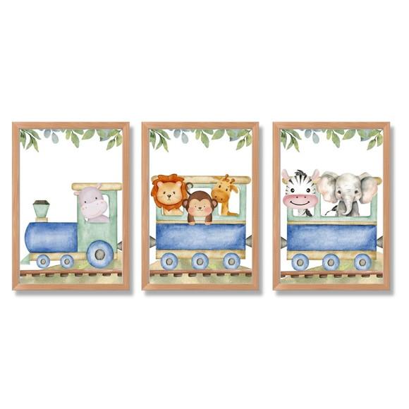 Quadro Infantil Safari Trem Vidro Moldura Madeira Bebê 23x33