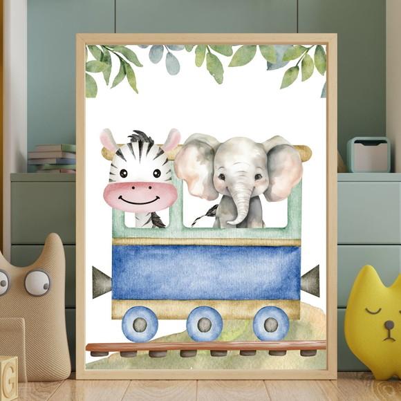 Quadro Infantil Safari Trem Vidro Moldura Madeira Bebê 23x33