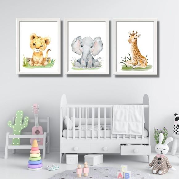 Quadro Infantil Tema Safari Moldura Branca com Vidro 33x43cm