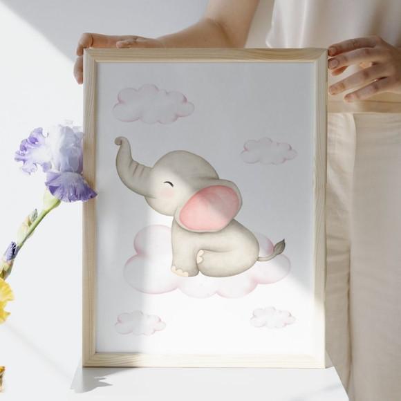 Quadro Infantil Tema Elefante para Bebê Menina com Vidro
