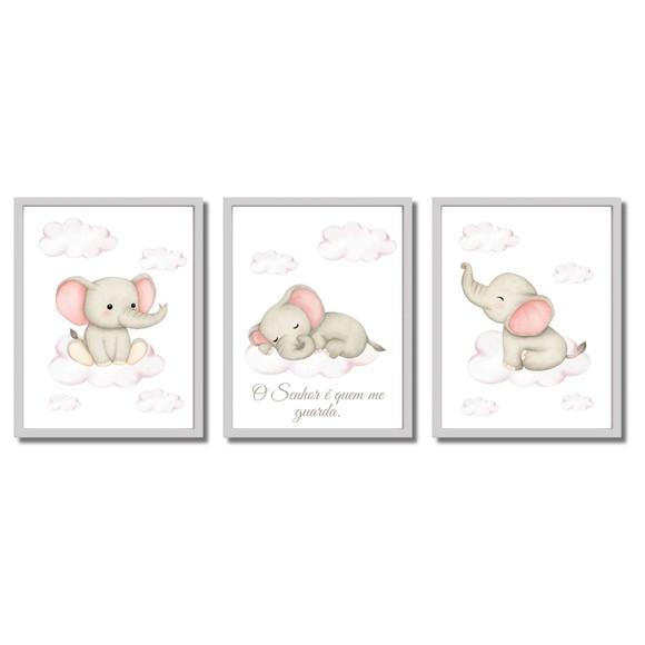 Quadro Infantil Tema Elefante para Bebê Menina com Vidro