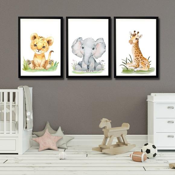 Quadro Infantil Tema Safari Moldura Preta com Vidro 33x43 cm
