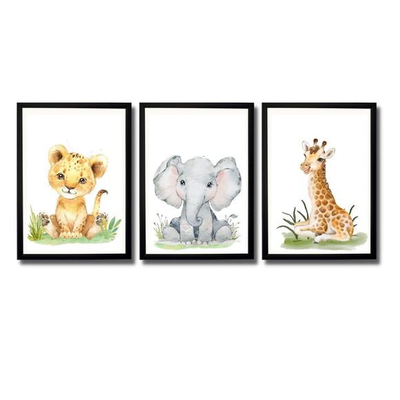 Quadro Infantil Tema Safari Moldura Preta com Vidro 33x43 cm