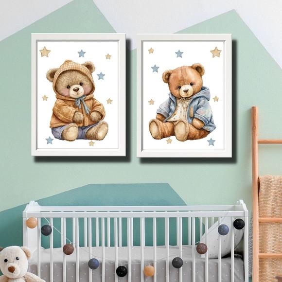 Quadro Infantil Tema Urso Decoração Bebê Moldura com Vidro