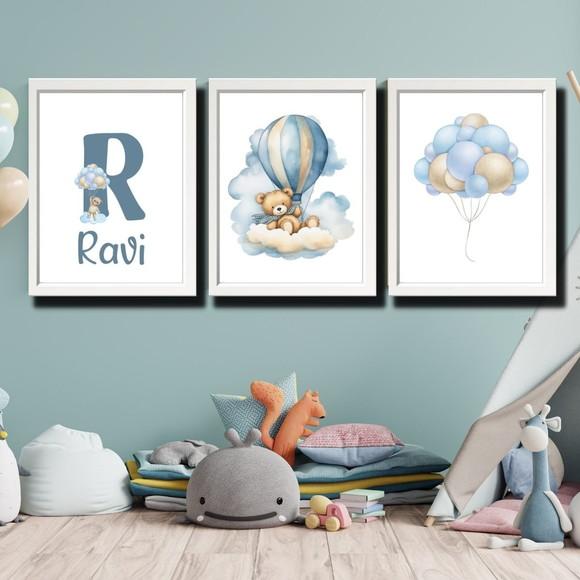Quadro Infantil Urso Personalizado Moldura Madeira com Vidro