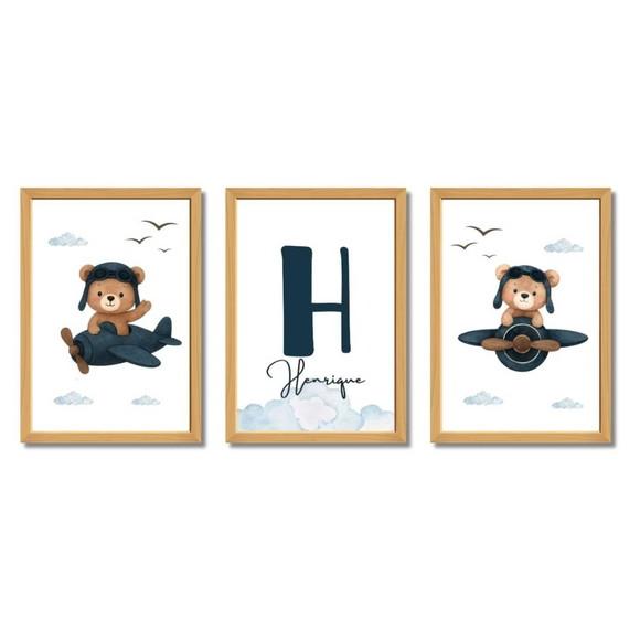 Quadro Infantil Urso Aviador com Nome da Criança com Vidro