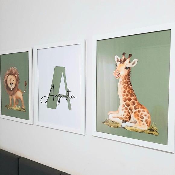 Quadro Leão Girafa Personalizado Nome para Quarto de Criança