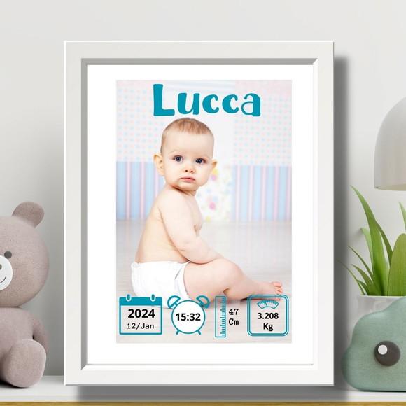 Quadro Nascimento Bebe Azul Editavel Quarto de Menino 33x43