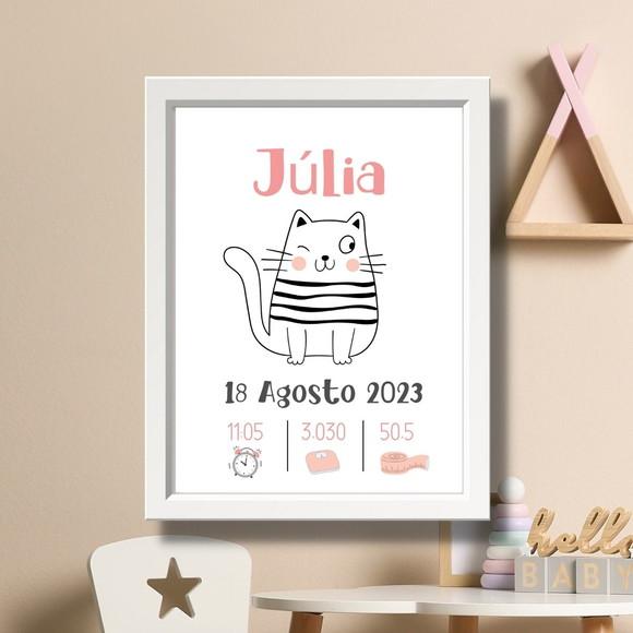 Quadro Nascimento Bebe Editar Quarto de Menina Gata 33x43
