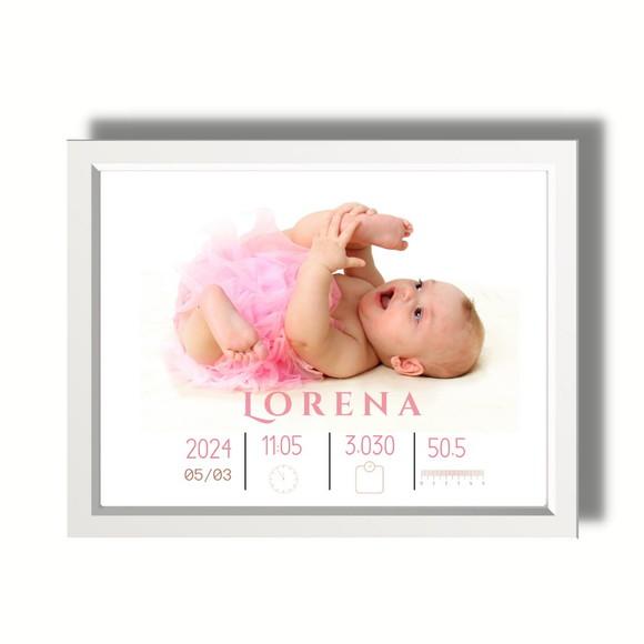 Quadro Nascimento Bebe Menina com Foto 33x43 Moldura e Vidro