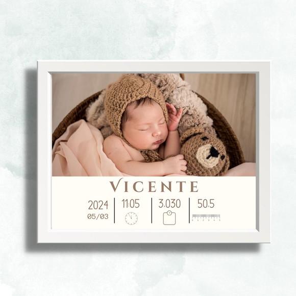Quadro Nascimento Bebe Menino Editar Moldura com Vidro 33x43