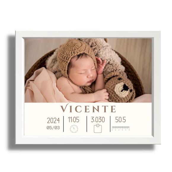 Quadro Nascimento Bebe Menino Editar Moldura com Vidro 33x43