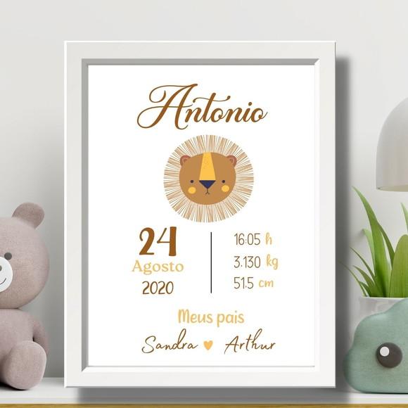 Quadro Nascimento Bebe Menino Leão Moldura 33x43 com Vidro