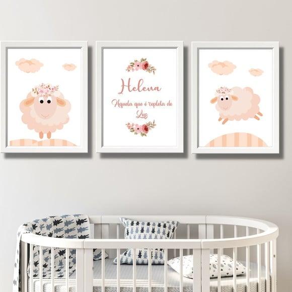 Quadro Ovelha para Quarto de Menina com Nome 30x40 com Vidro