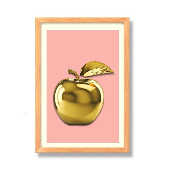 Quadro para Cozinha Fruta Maçã Fundo Rosa 30x40 cm com Vidro