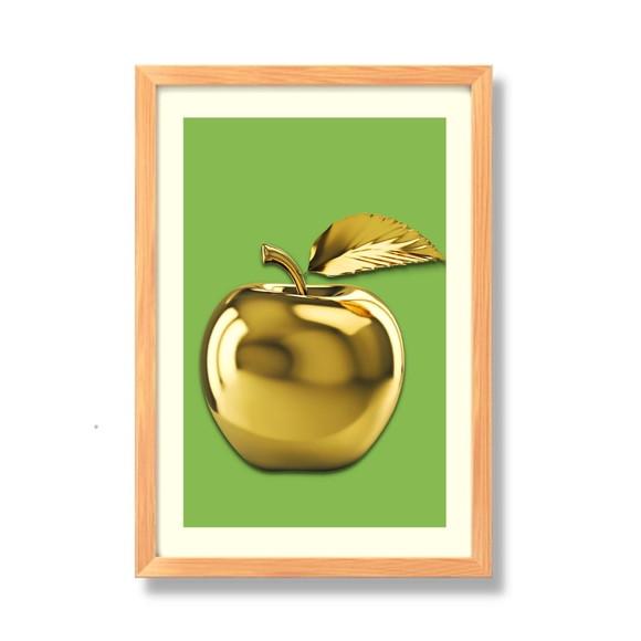 Quadro para Cozinha Fruta Maçã Fundo Verde 30x40cm com Vidro