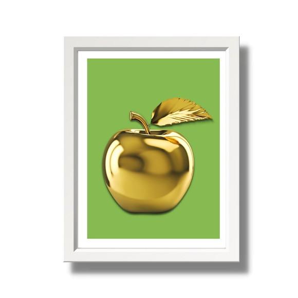 Quadro para Cozinha Fruta Maçã Fundo Verde 30x40cm com Vidro