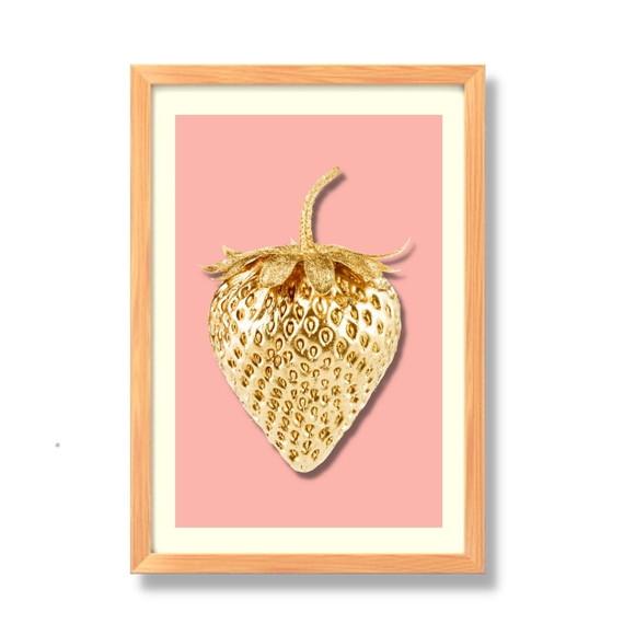 Quadro para Cozinha Fruta Morango Fundo Rosa 30x40 cm