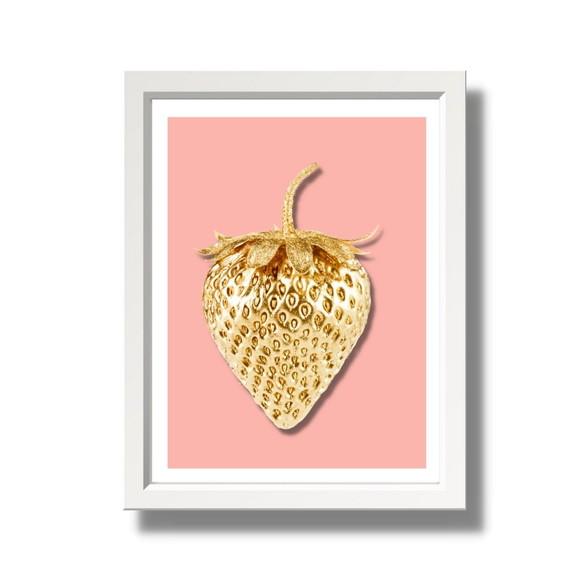 Quadro para Cozinha Fruta Morango Fundo Rosa 30x40 cm