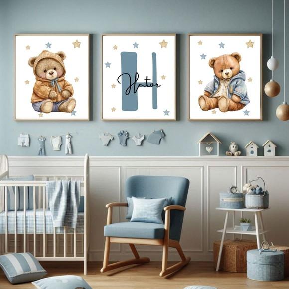 Quadro para Quarto de Bebê Tema Urso com Nome Moldura 33x43