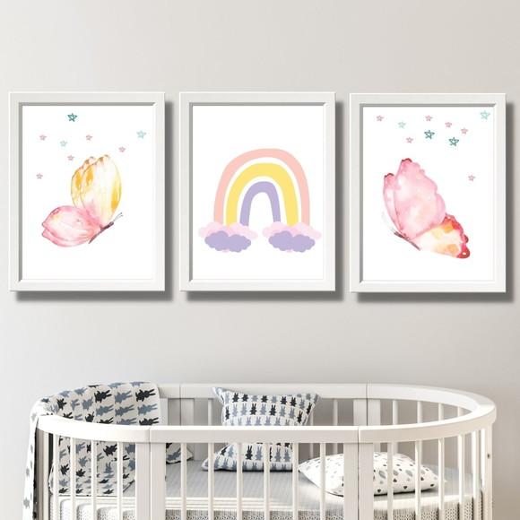 Quadro para Quarto de Menina Arco Ires Borboletas 33x43 cm