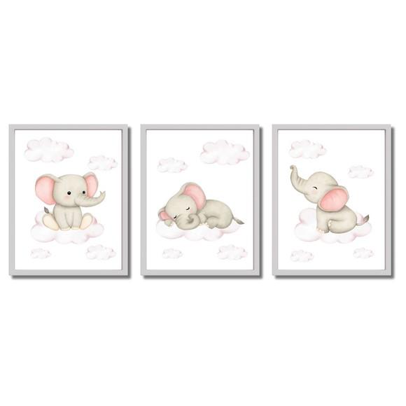 Quadro para Quarto Menina Elefantinho Rosa Moldura com Vidro