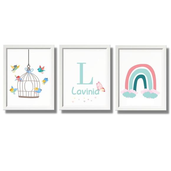 Quadro Passaros e Arco Ires com Nome do Bebe Menina 33x43cm