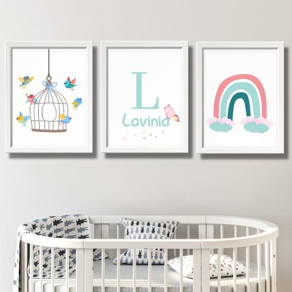 Quadro Passaros e Arco Ires com Nome do Bebe Menina 33x43cm