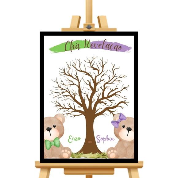 Quadro Personalizado Chá Revelação Urso Lilás +2 Carimbeiras