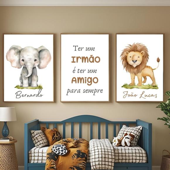 Quadro Quarto Irmãos Safari com Frase Moldura com Vidro