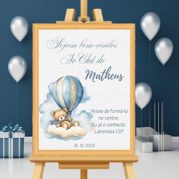 Quadro Recepção Chá de Bebê Urso Azul Moldura com Vidro