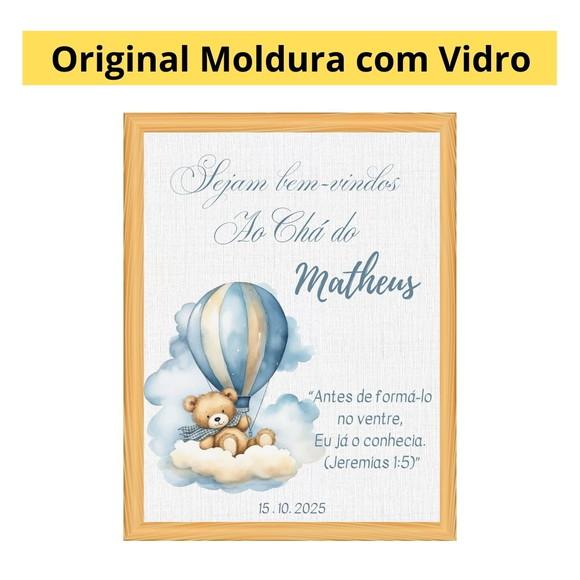 Quadro Recepção Chá de Bebê Urso Azul Moldura com Vidro