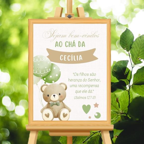 Quadro Recepção Chá de Bebê Urso Verde Moldura com Vidro