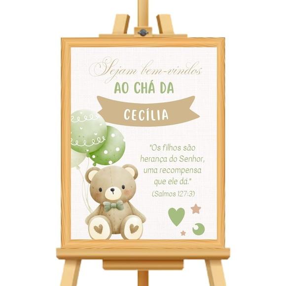 Quadro Recepção Chá de Bebê Urso Verde Moldura com Vidro