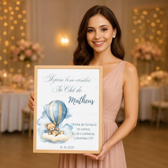 Quadro Recepção Chá de Bebê Urso Azul Moldura com Vidro