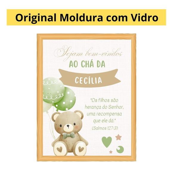 Quadro Recepção Chá de Bebê Urso Verde Moldura com Vidro