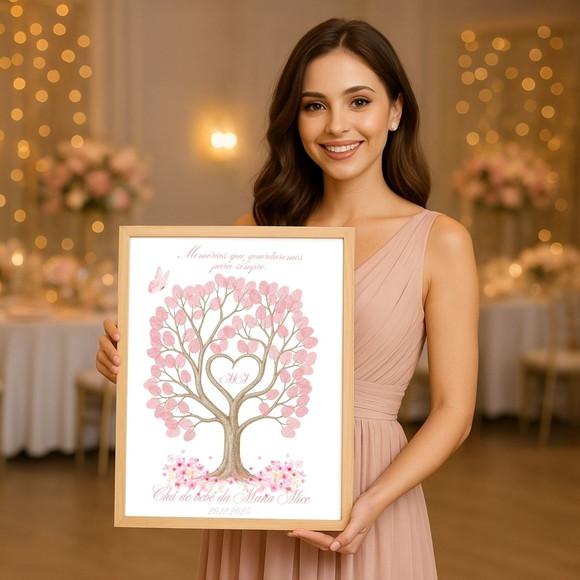 Quadro Recepção Rosa Chá Bebê Árvore Digitais com Moldura