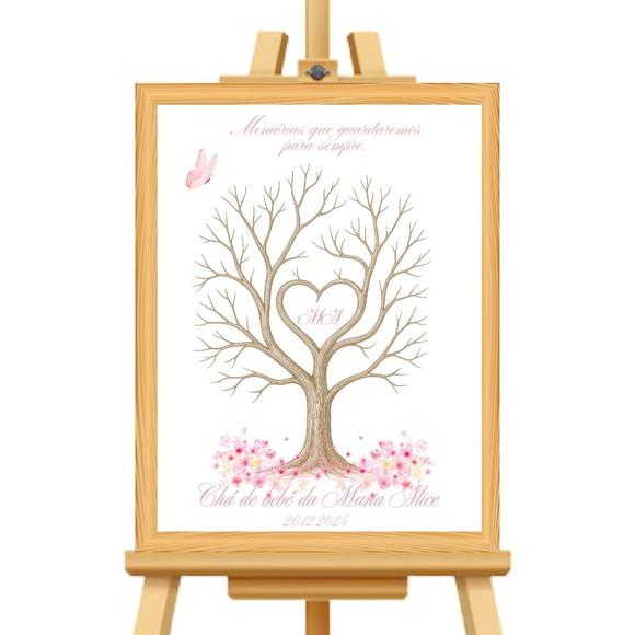 Quadro Recepção Rosa Chá Bebê Árvore Digitais com Moldura