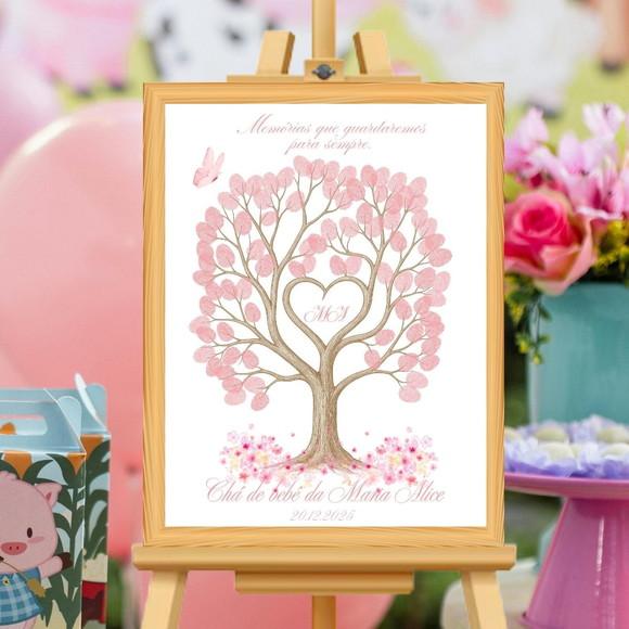 Quadro Recepção Rosa Chá Bebê Árvore Digitais com Moldura