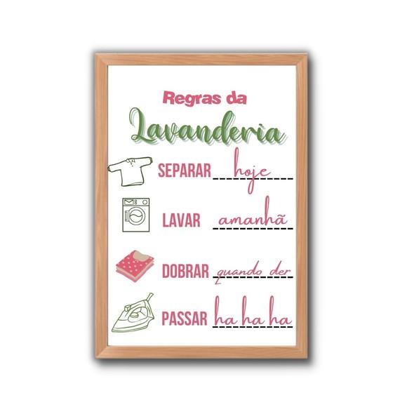 quadro regras da lavanderia com moldura e vidro 30x40cm