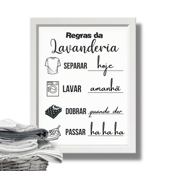 Quadro Regras da Lavanderia Humor com Moldura e Vidro 30x40